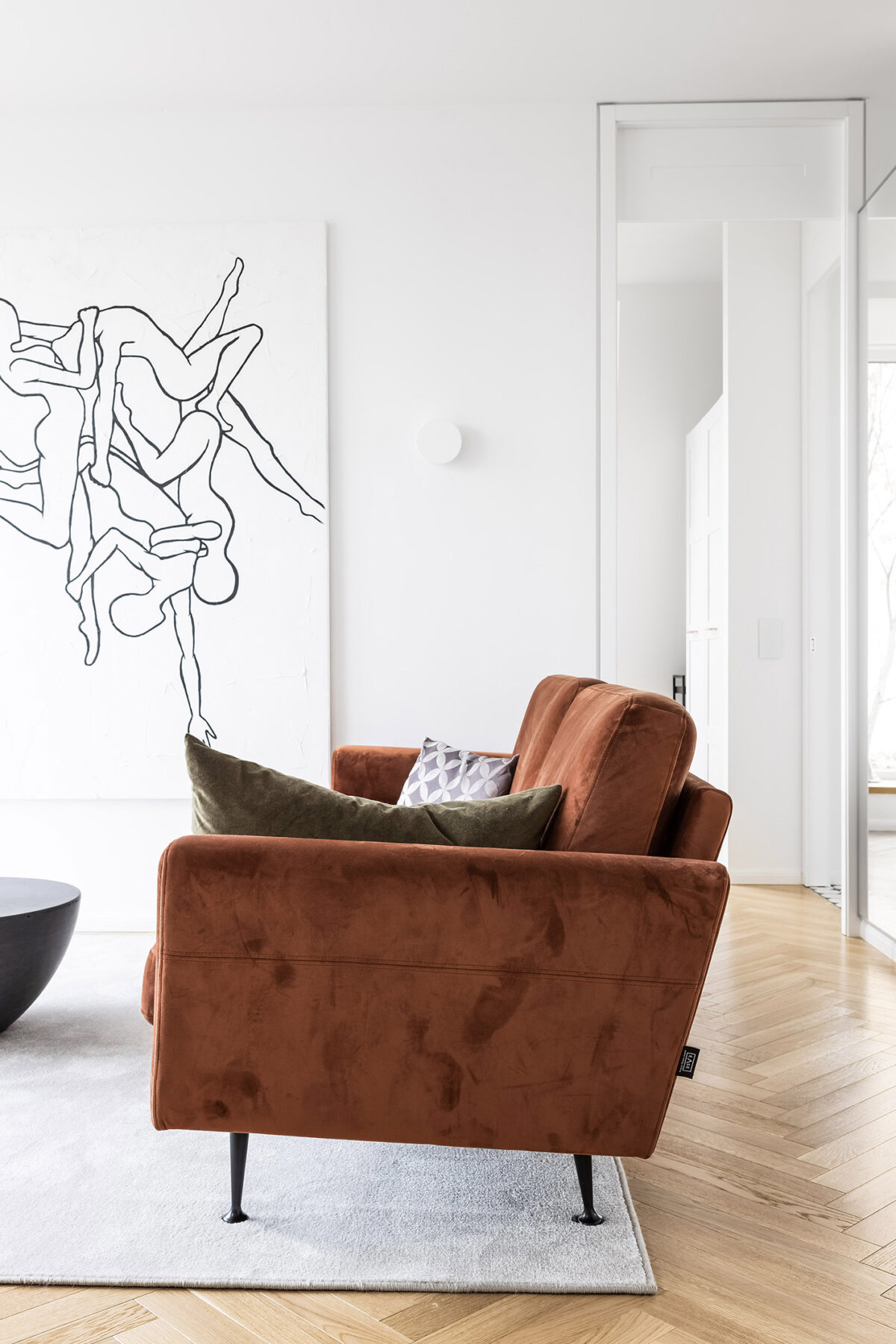 aksominė sofa ir interjero dizainas Vilniuje