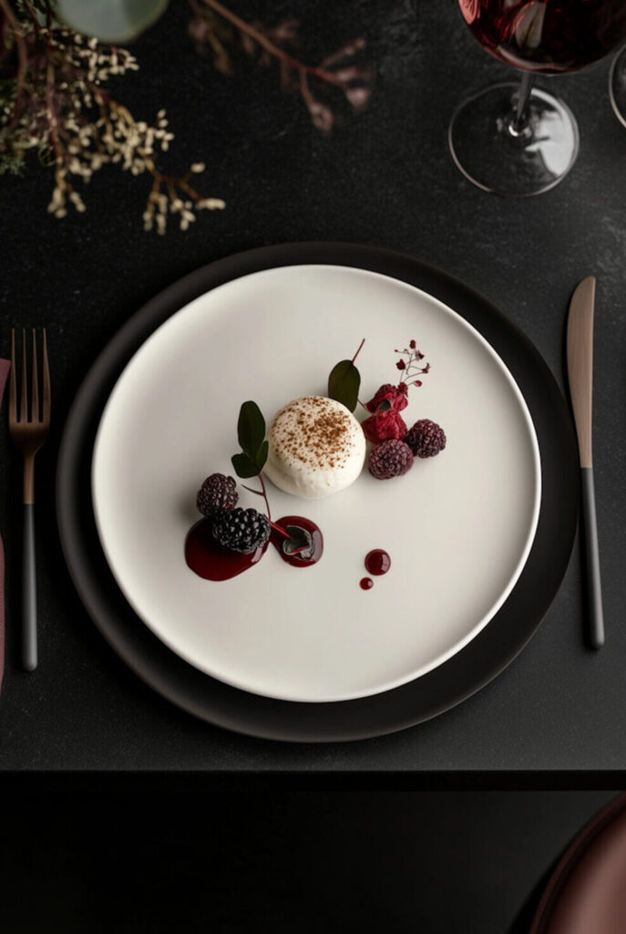 Desertas baltoje lėkštėje ant tamsiai padengto stalo