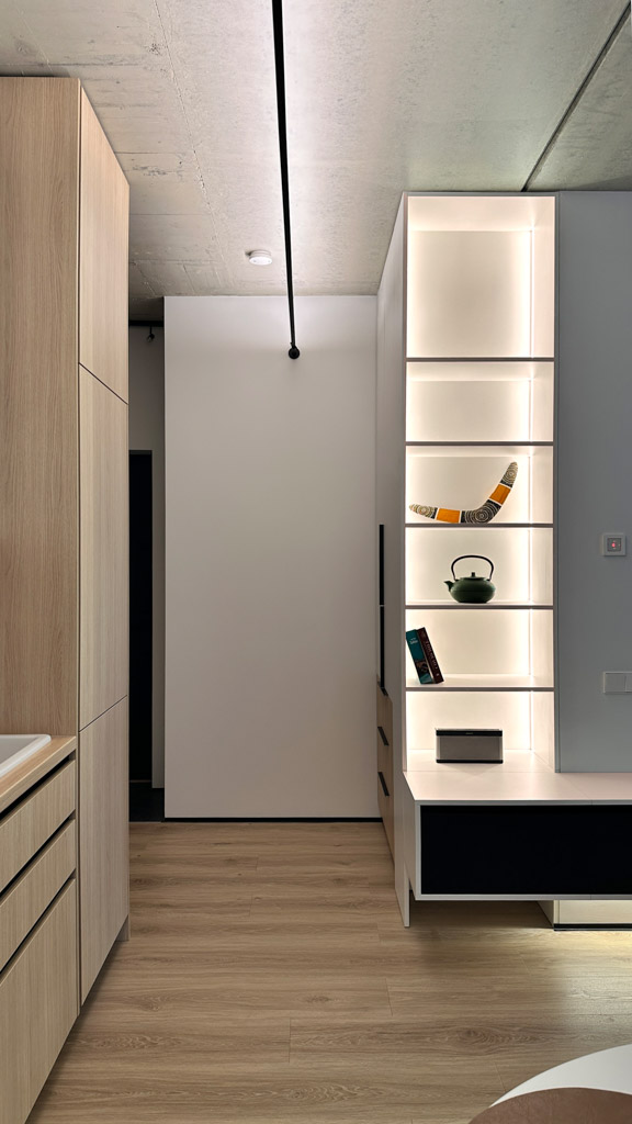 modernus šviesus interjeras ir atvira lentyna su pašvietimu bei apšvietimo sistema nuo sienos iki sienos