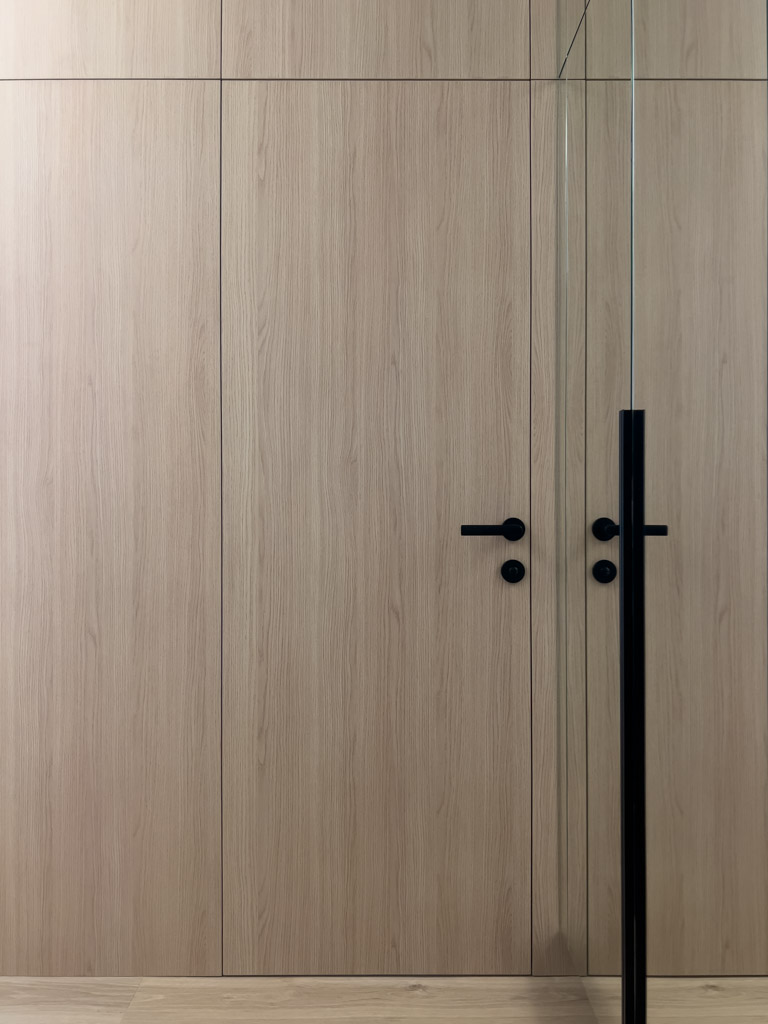 paslėptos durys į tualetą su baldine plokšte