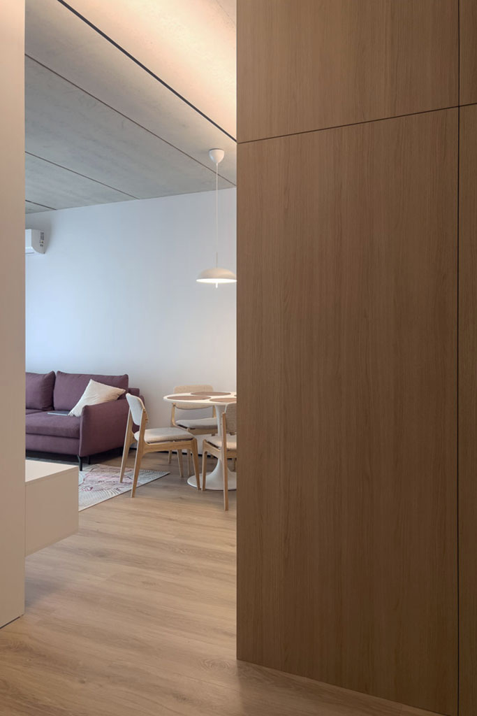 Studijos interjeras su medžio sienų apdaila