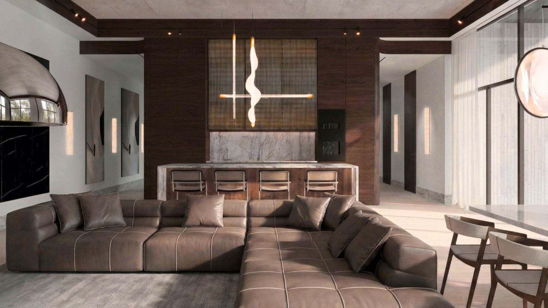 Valakampių projekto vizualizacija: ruda odinė sofa, rudo ąžuolo virtuvė